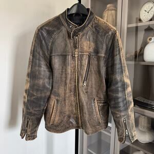 GAP Distressed Brown Leather Zip Moto Biker Jacket L Y2K Vintage Racing Black